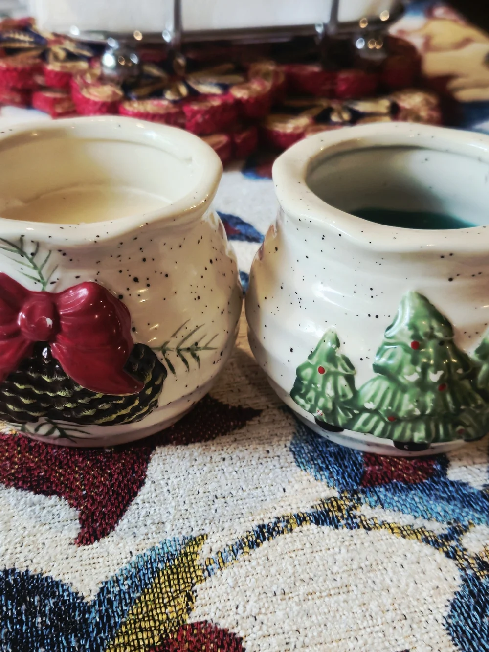 Ceramic Christmas Votive Candle Jar with Pinecone and Tree Motifs
